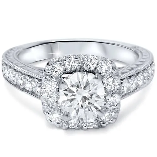 1 1/2ct Cushion Diamond Vintage Halo Engagement Ring 14K White Gold