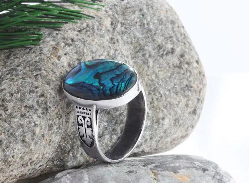 10k White Gold Ring For Men with Natural ABALONE Gemstone