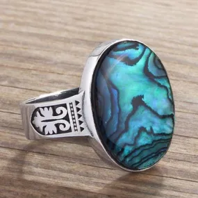 10k White Gold Ring For Men with Natural ABALONE Gemstone