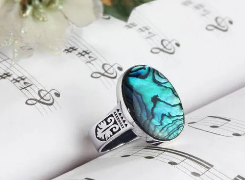 10k White Gold Ring For Men with Natural ABALONE Gemstone