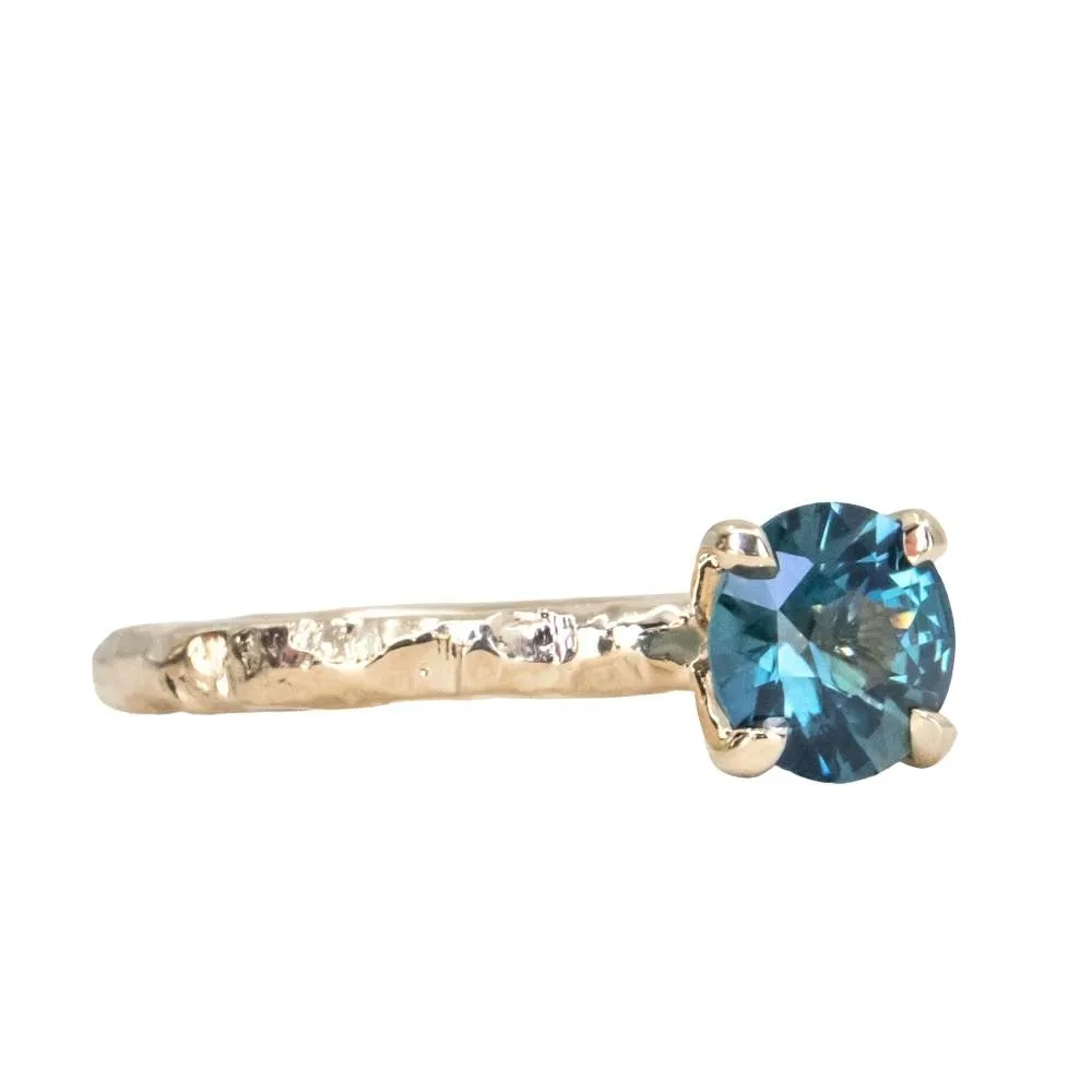 1.10ct Blue Round Madagascar Sapphire Evergreen Carved Solitaire in 14k Yellow Gold