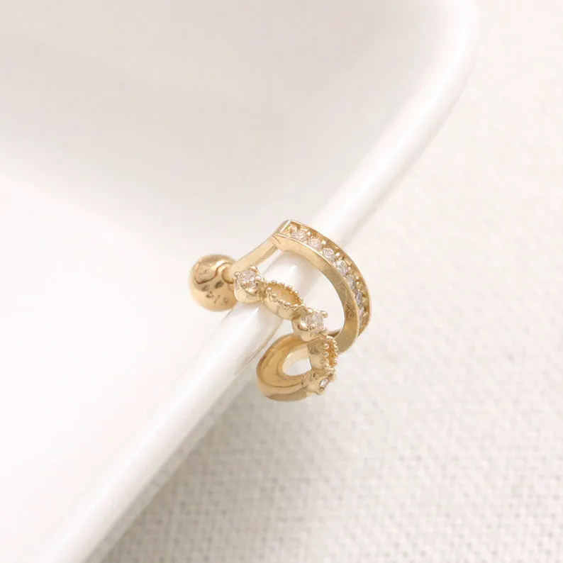 14K 18K Solid Gold CZ Pave & Milgrain Lace Double Line Ear Hoop Stud Cartilage Tragus Helix Conch Lobe Piercing Earring