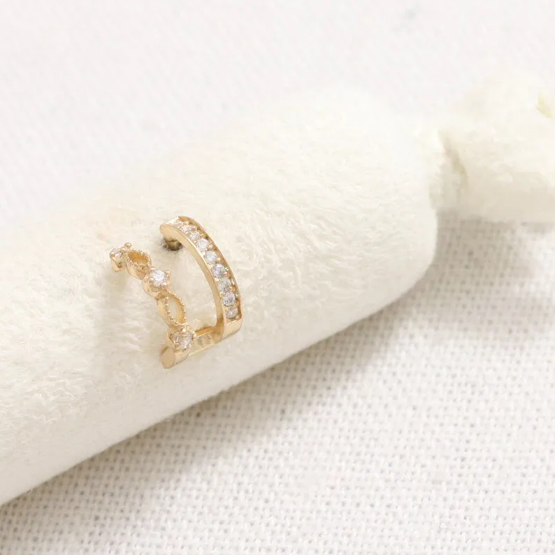 14K 18K Solid Gold CZ Pave & Milgrain Lace Double Line Ear Hoop Stud Cartilage Tragus Helix Conch Lobe Piercing Earring