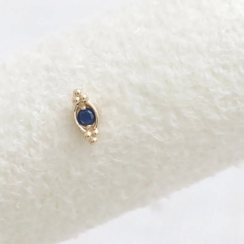 14K Gold Cartilage Helix Tragus Conch Genuine Blue Sapphire Evil Eye Internally Threaded Flat Back Earring Labret