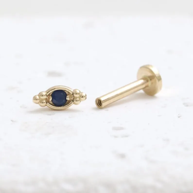 14K Gold Cartilage Helix Tragus Conch Genuine Blue Sapphire Evil Eye Internally Threaded Flat Back Earring Labret