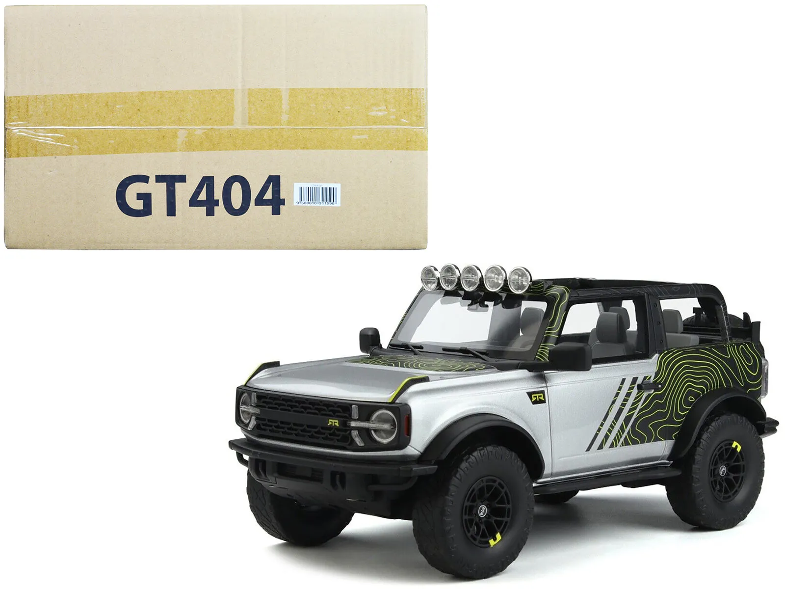 2022 Ford Bronco By RTR Silver Metallic and Black with Graphics 1/18 Model Car by GT Spirit