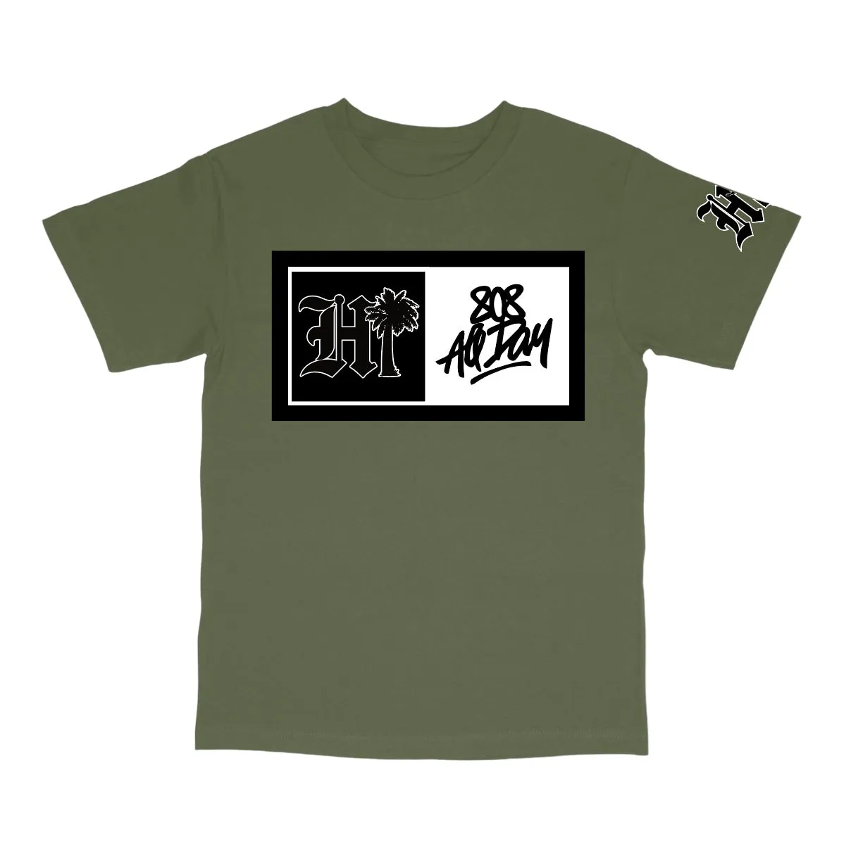 808ALLDAY Army Green Box HI Palm T-Shirt