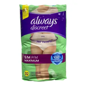 Always Discreet Maximum Protection Underwear for Women, S/M, 32ct