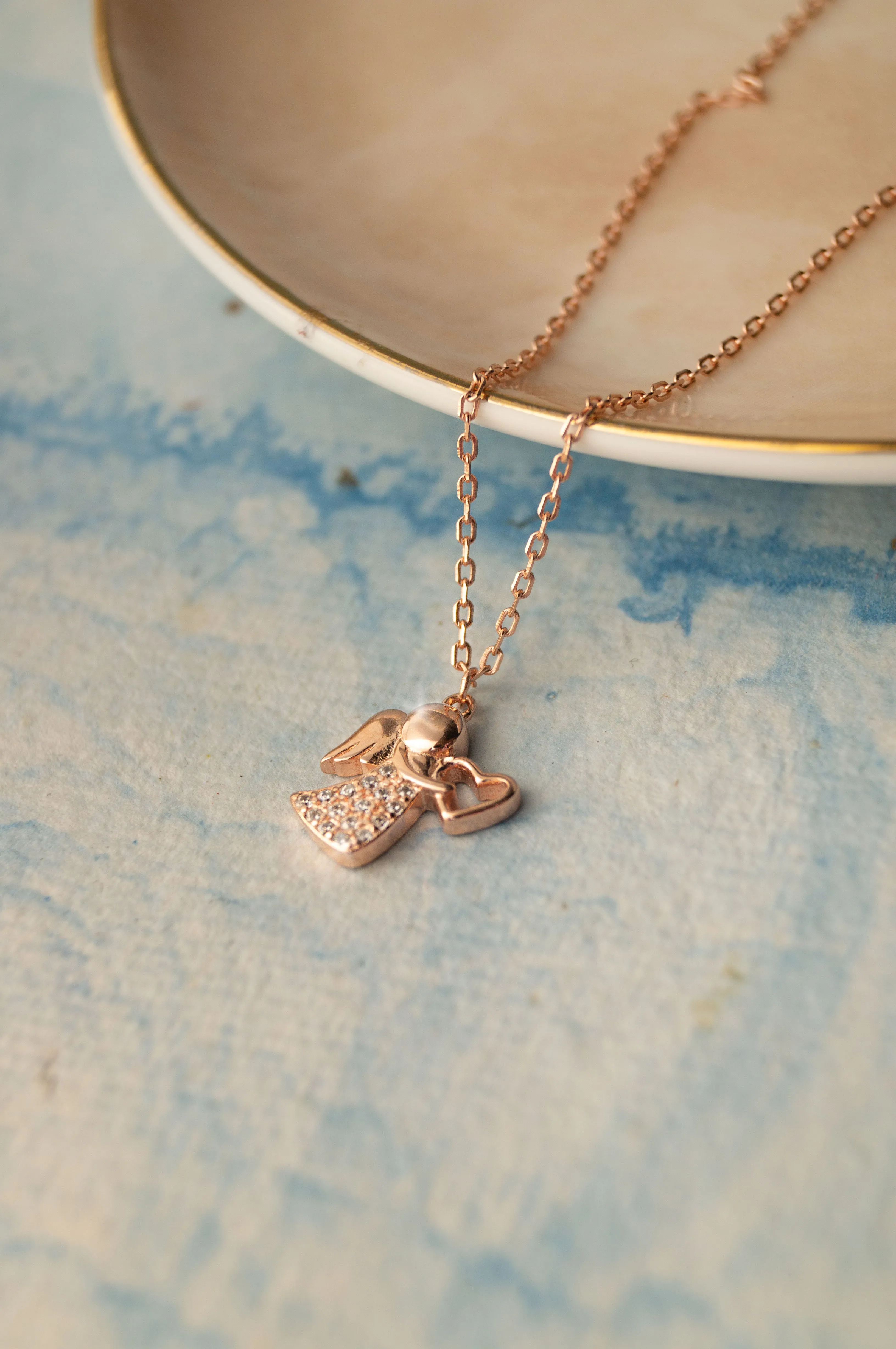 Angel With A Heart Rose Gold Plated Sterling Silver Chain Necklace