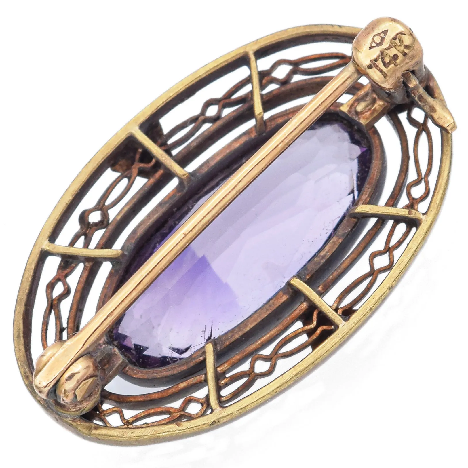 Antique 14K Yellow Gold Amethyst Oval Brooch Pin