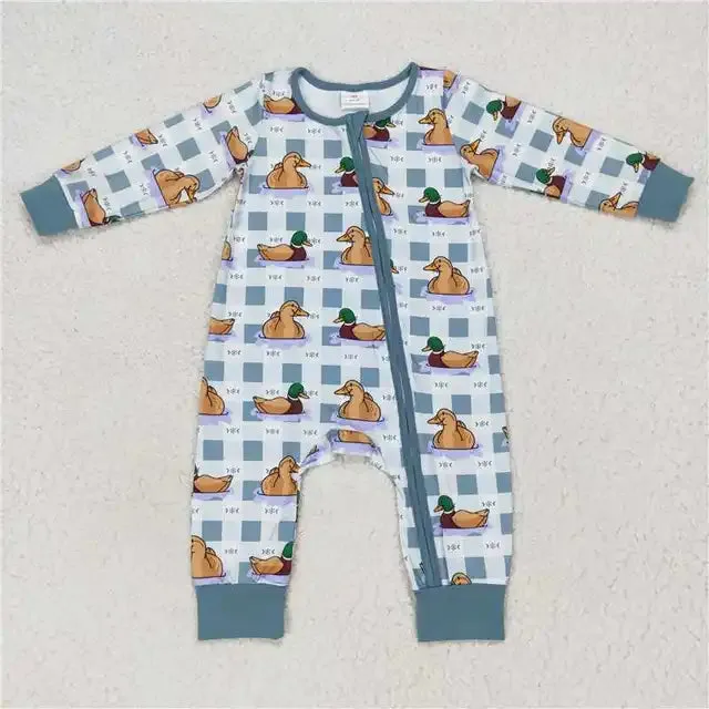 Baby Romper - Boys - Zip - Ducks Plaid Sage Checkerboard