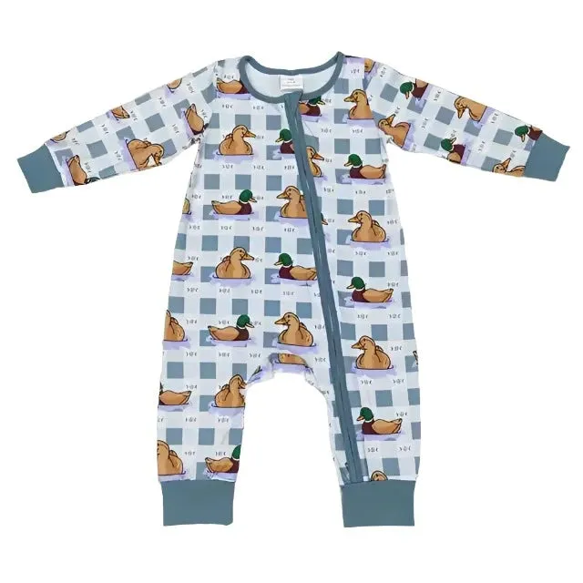 Baby Romper - Boys - Zip - Ducks Plaid Sage Checkerboard