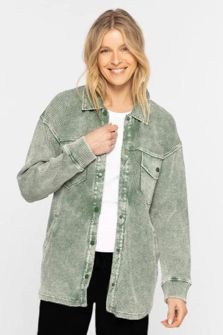 Basil Mineral Wash Waffle Snap Button Shirt Jacket