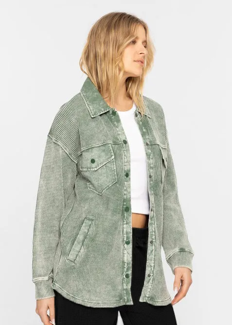 Basil Mineral Wash Waffle Snap Button Shirt Jacket