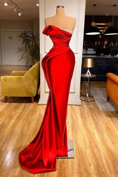 Beaded Ruffles Sexy Red Mermaid Long Prom Dresses,BD93370