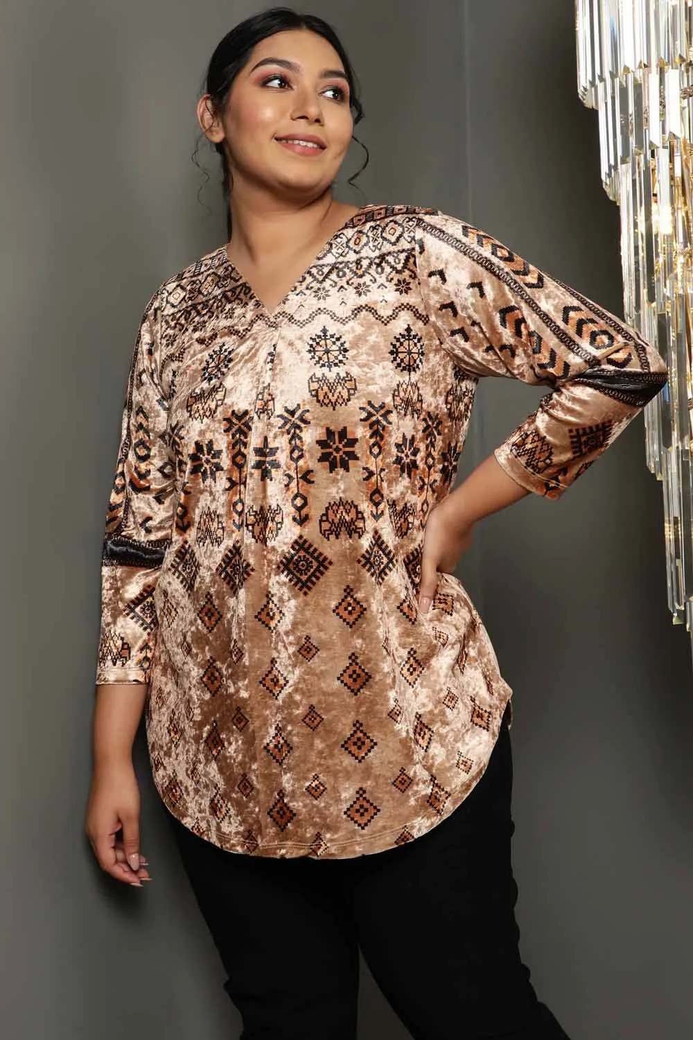 Beige Printed V Neck Velvet Top