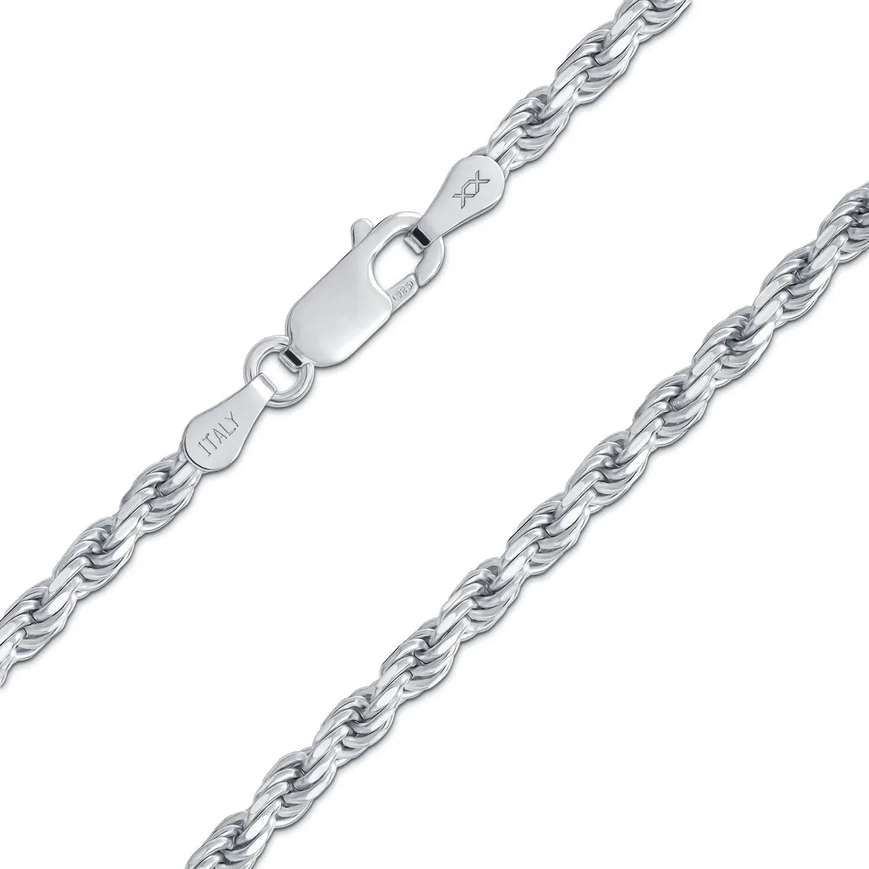 Better Jewelry 2.3mm Rope Diamond cut Chain Necklace .925 Sterling Silver w. Rhodium plate