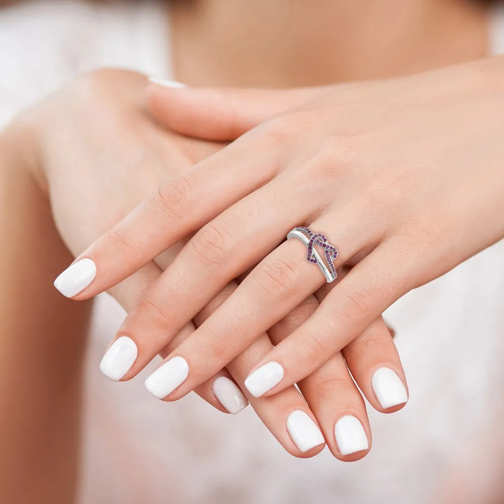 Brilliant Embers Sterling Silver Rhodium-Plated 41 Stone Micro Pav Red & White CZ Heart Ring