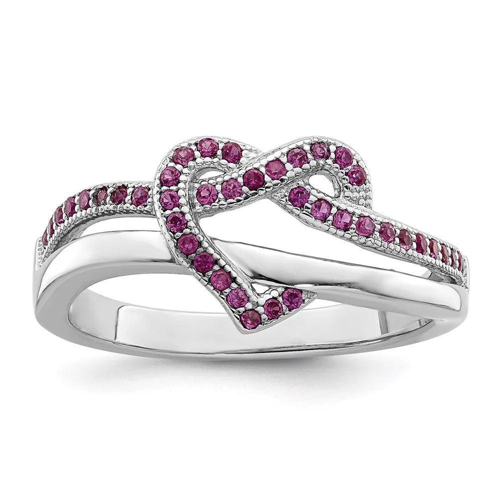 Brilliant Embers Sterling Silver Rhodium-Plated 41 Stone Micro Pav Red & White CZ Heart Ring