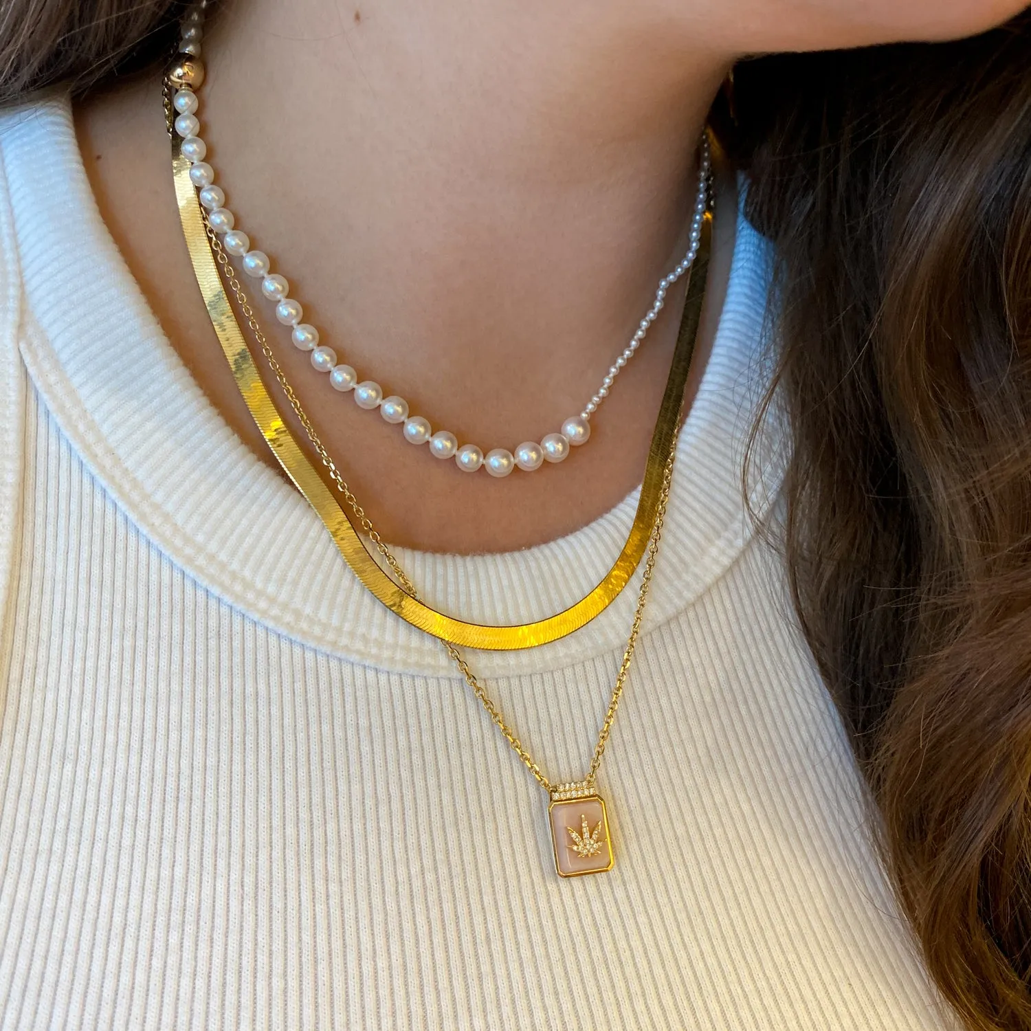 Cannabis Leaf on Pink Opal Signet Necklace