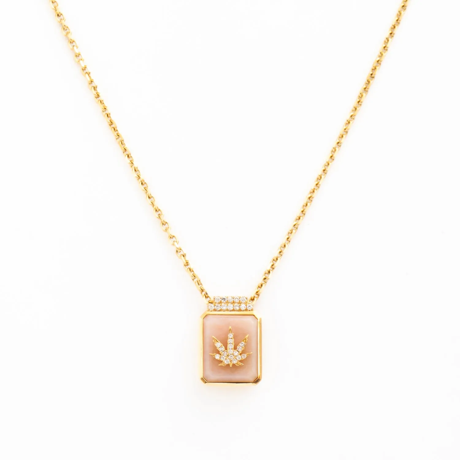 Cannabis Leaf on Pink Opal Signet Necklace