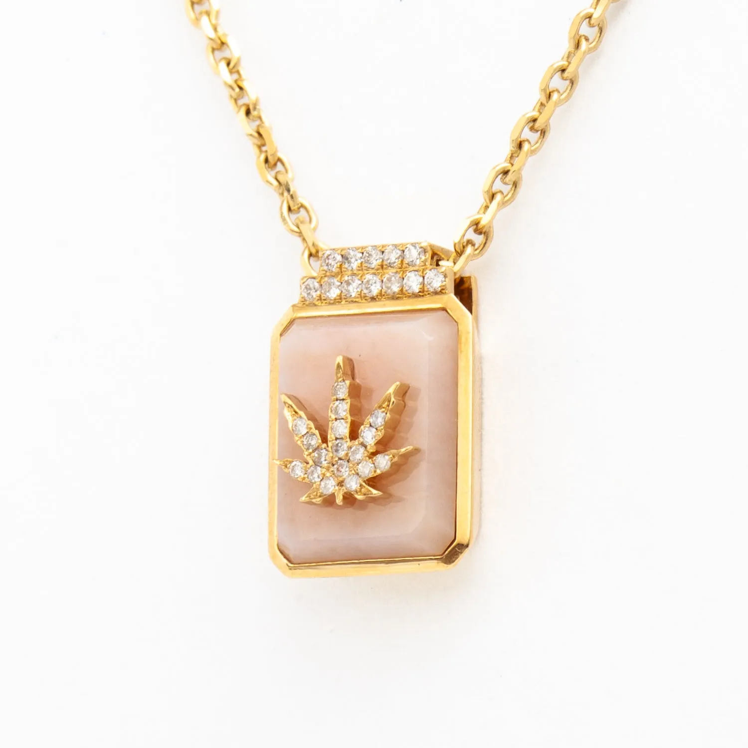 Cannabis Leaf on Pink Opal Signet Necklace