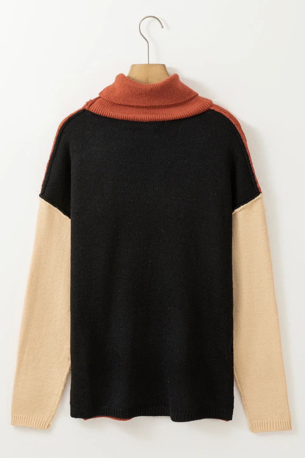 Clay Red Color Block Turtle Neck Drop Shoulder Knit Sweater