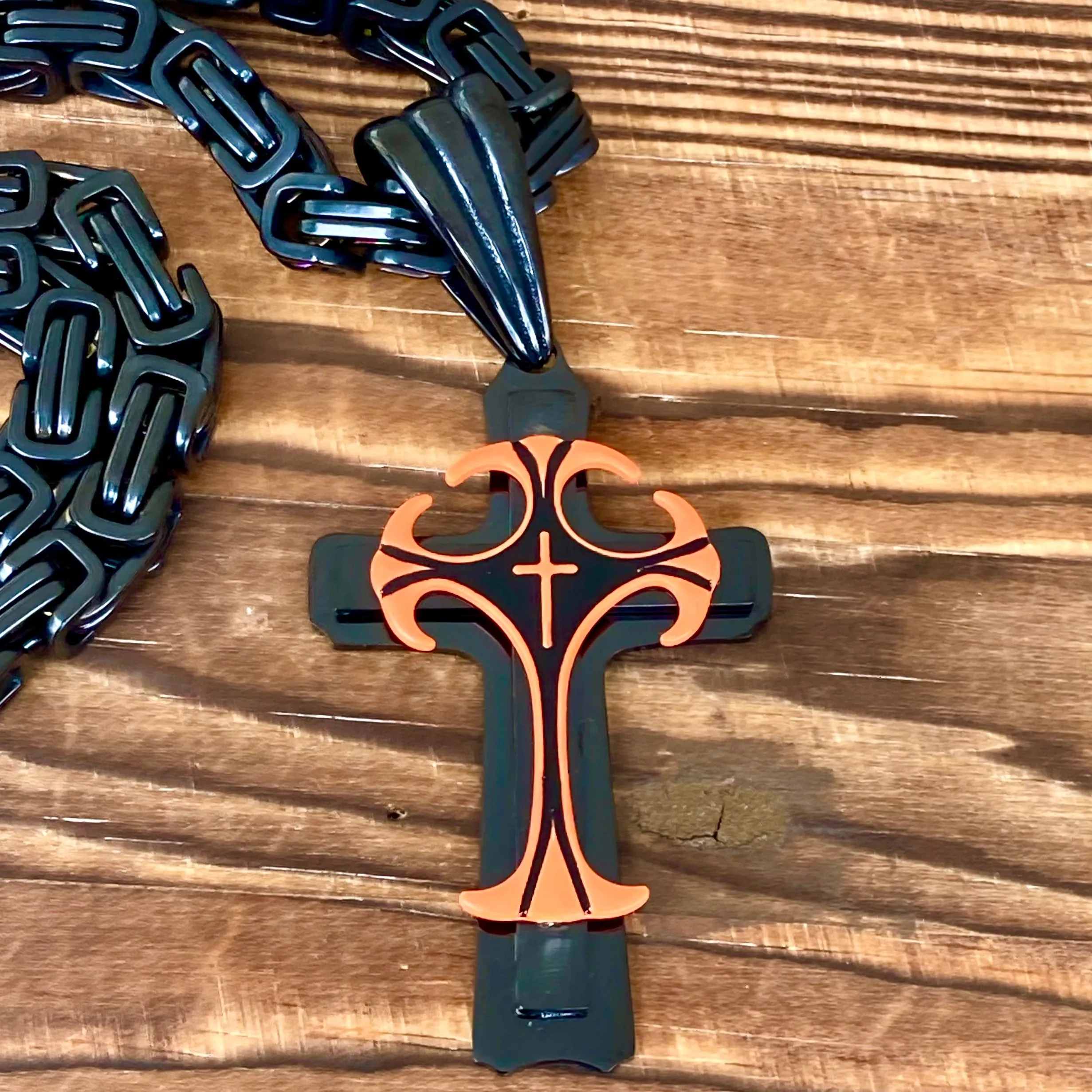 Cross - Risen Cross Orange & Black Pendant - Necklace - PEN828