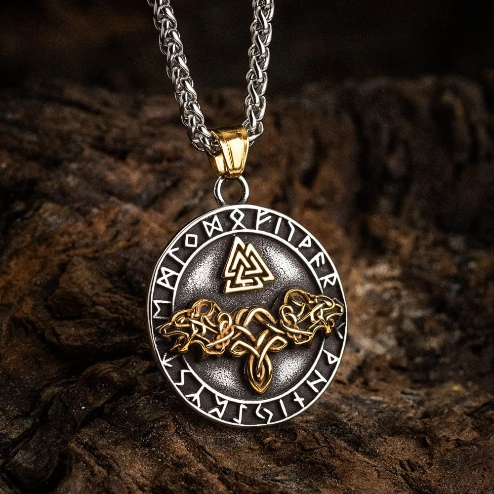 Dual Colored Stainless Steel Circular Twin Wolf and Valknut Necklace