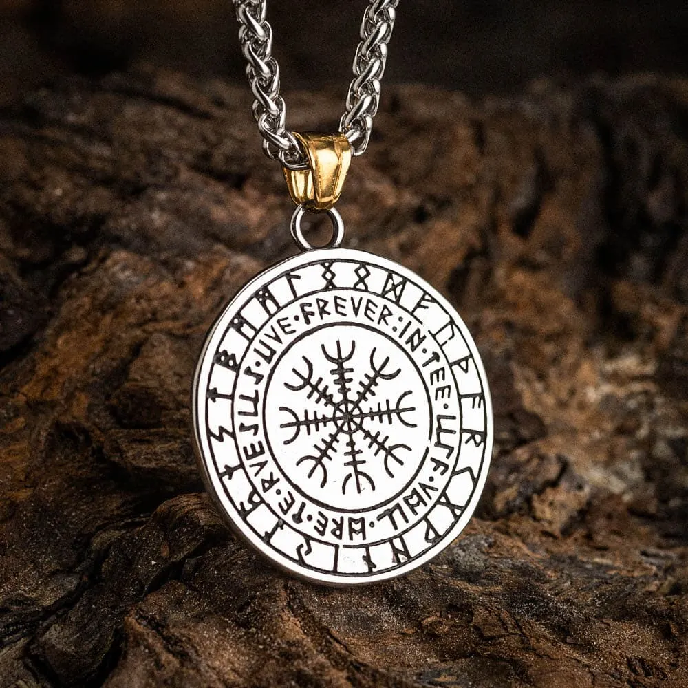 Dual Colored Stainless Steel Circular Twin Wolf and Valknut Necklace