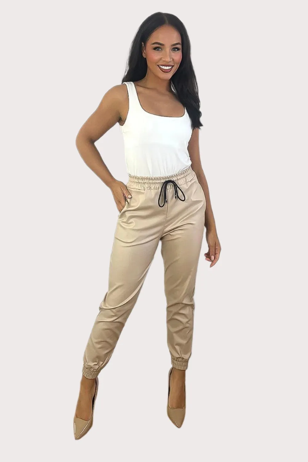 Elastic Waist And Cuffs Vegan Leather Cropped Trousers