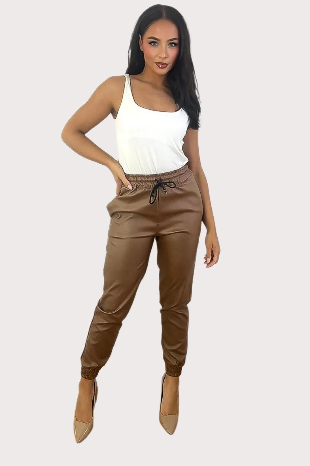 Elastic Waist And Cuffs Vegan Leather Cropped Trousers