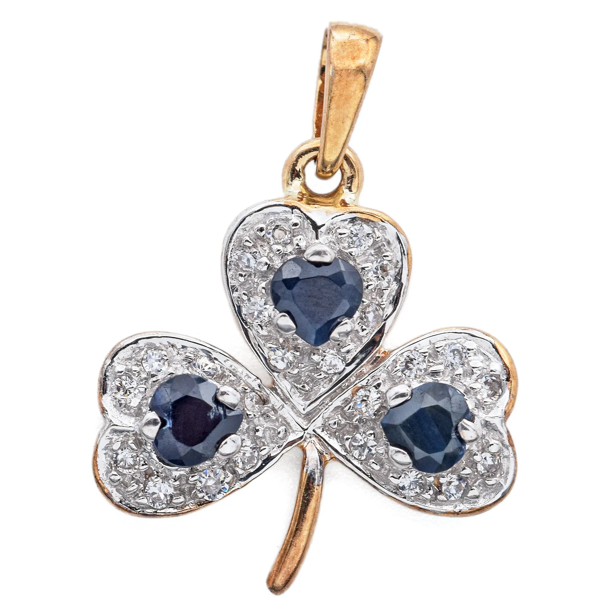 Estate 10K Yellow Gold Sapphire & CZ Clover Pendant