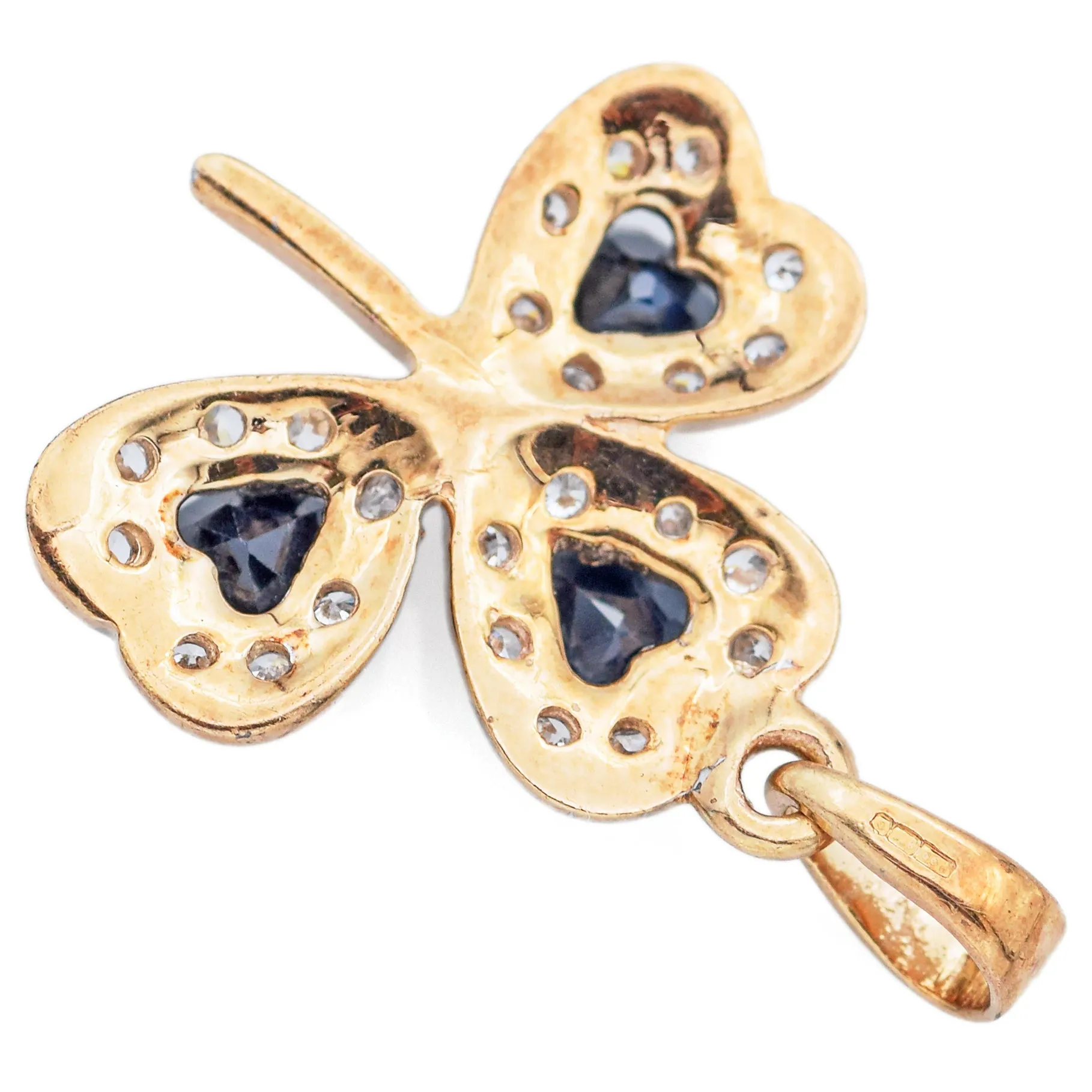 Estate 10K Yellow Gold Sapphire & CZ Clover Pendant