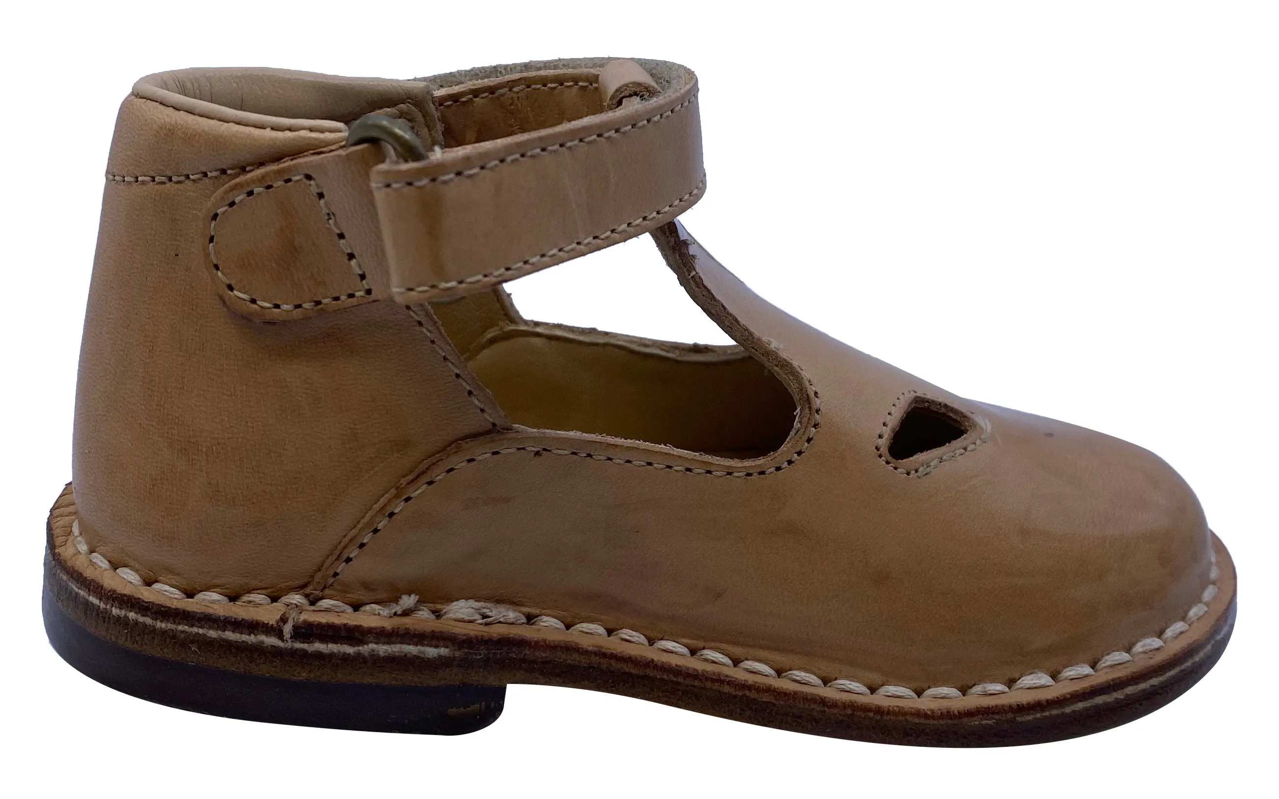 Eureka Girl's Handcrafted Due Occhi Leather T-Strap Shoes, Box Naturale