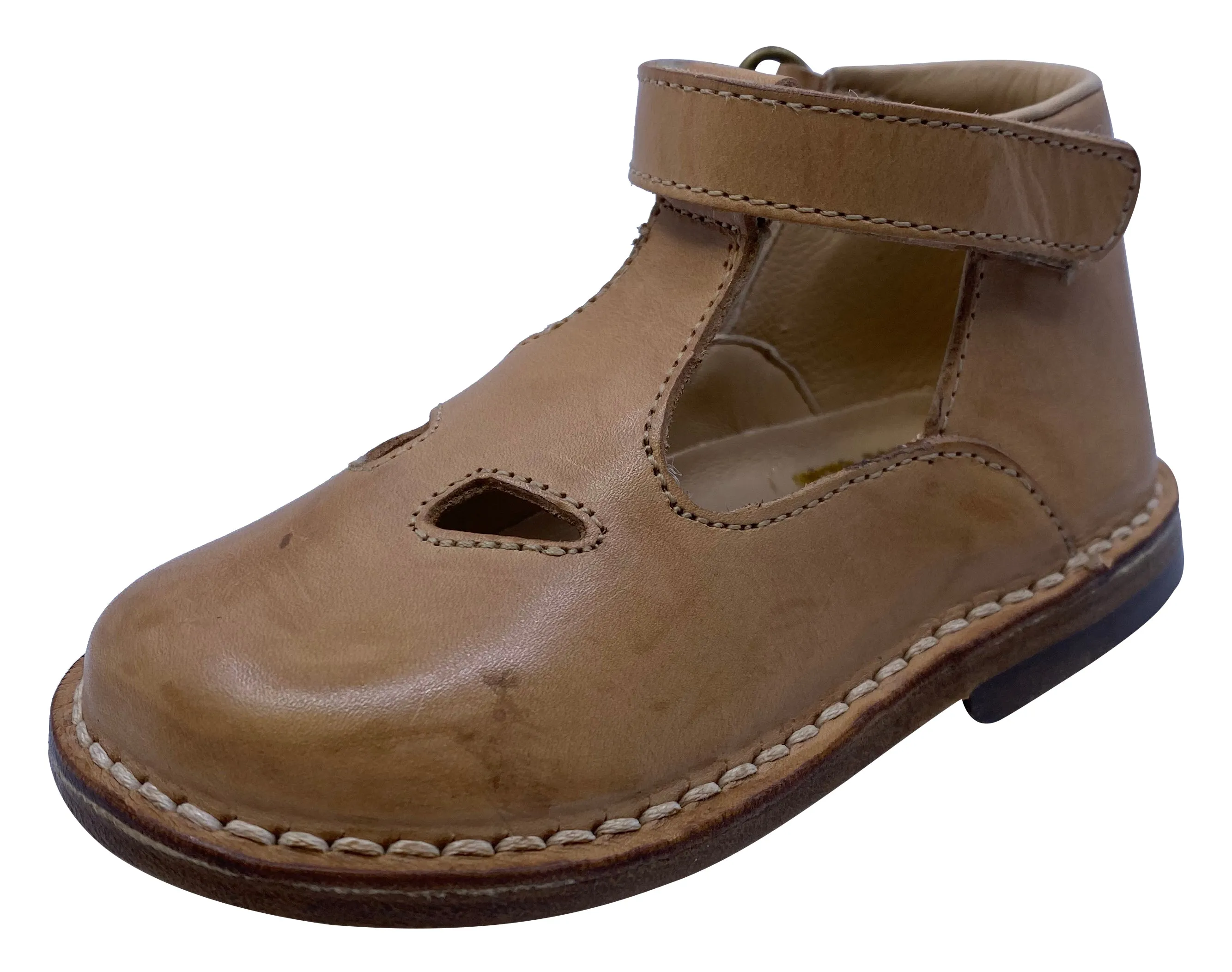 Eureka Girl's Handcrafted Due Occhi Leather T-Strap Shoes, Box Naturale