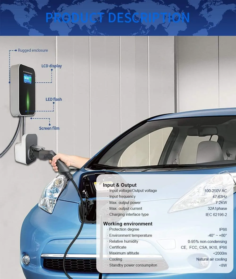 EV Charger EVSE Wallbox Electric Vehicle Charging Station with Type 2 Socket 32A 1Phase IEC 62196-2 for Audi BMW Mercedes-Benz