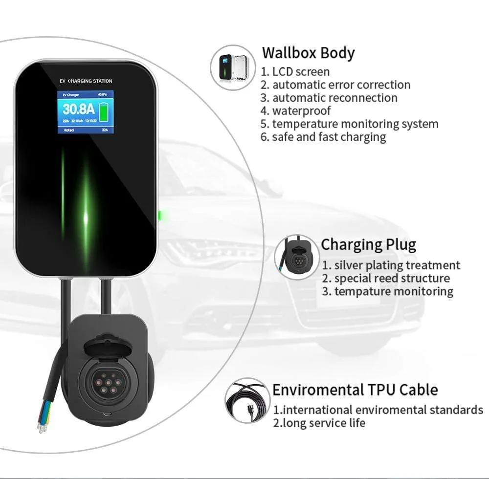 EV Charger EVSE Wallbox Electric Vehicle Charging Station with Type 2 Socket 32A 1Phase IEC 62196-2 for Audi BMW Mercedes-Benz