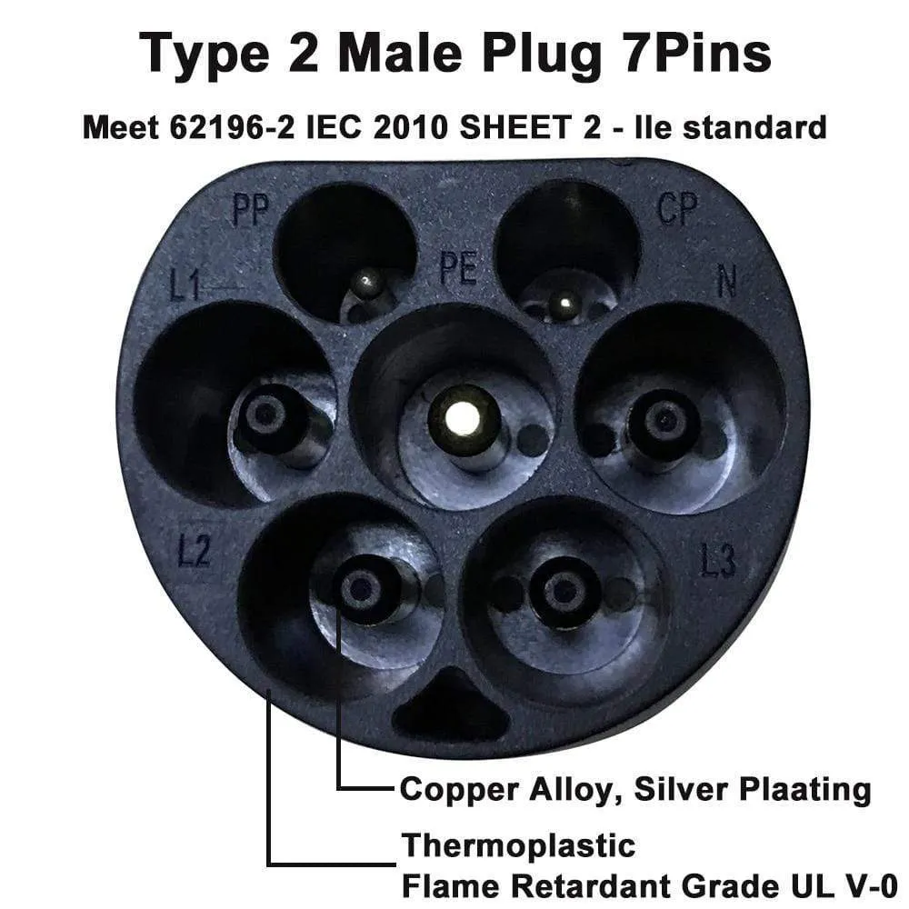 EV charger type 2 plug connector EVSE electric vehicle male side AC charging 16A 32A three-phase single-phase