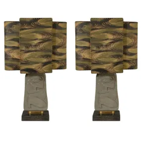 Facci Mid-Century Modern Glazed Ceramic Table Lamps with Relief of a Woman