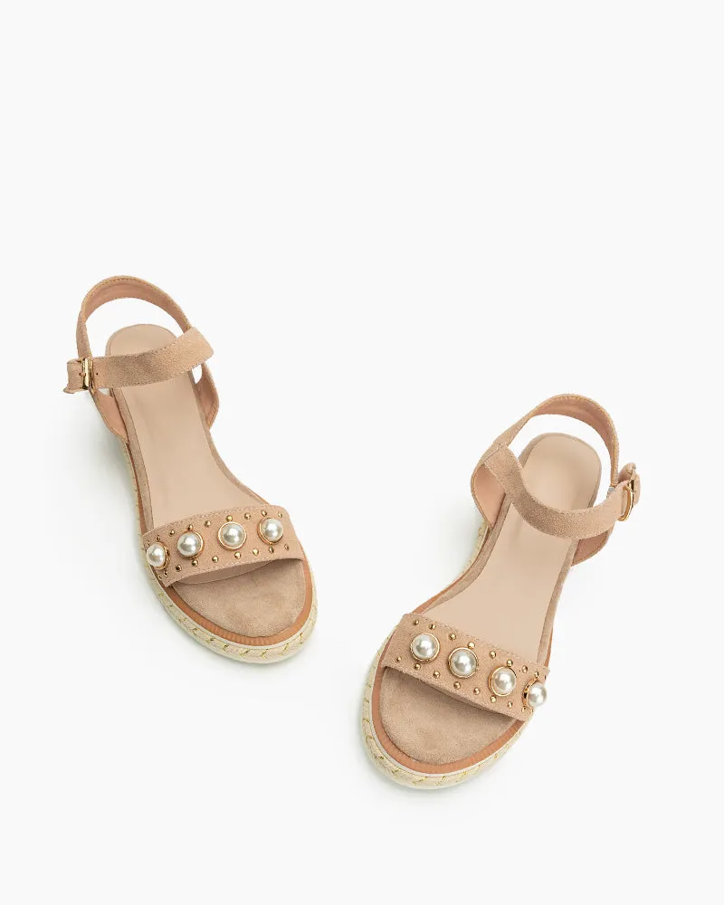 Faux Pearl Decor Ankle Strap Wedge Sandals