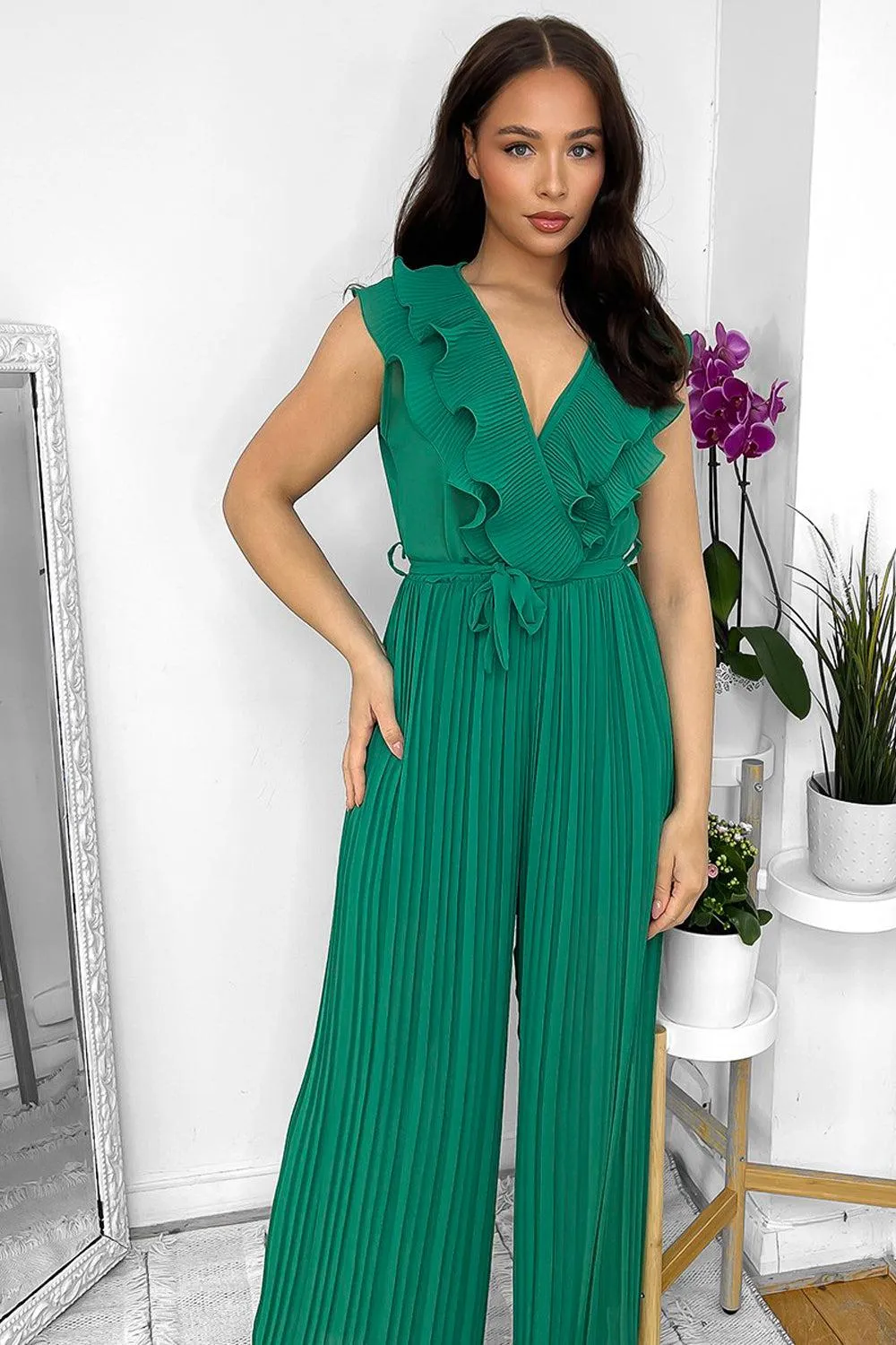 Frilled Front Sleeveless Chiffon Jumpsuit