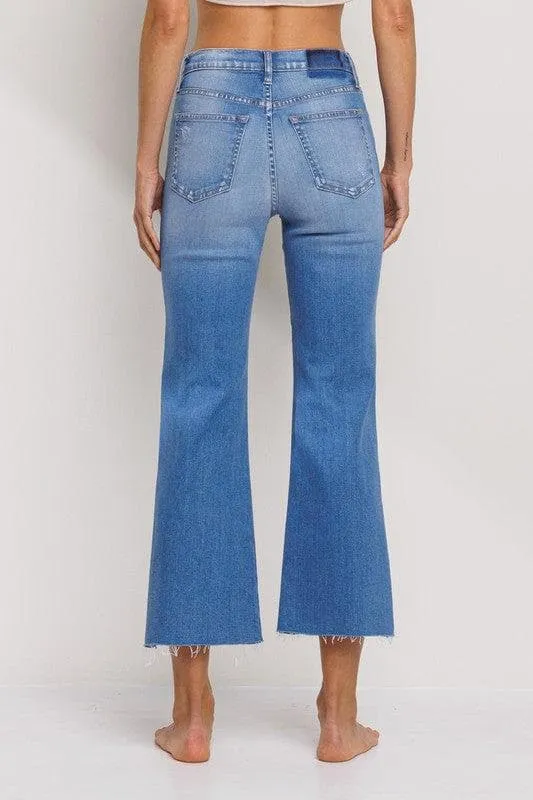 High Rise Cropped Flare Jeans with Raw Hem