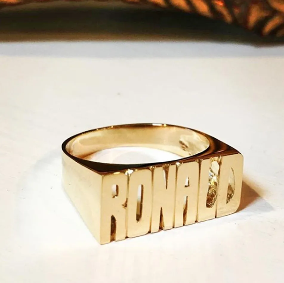 Large Block Gold Name Ring