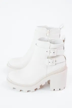 Maze Buckle Strap Chunky Bootie, Ivory Pebble