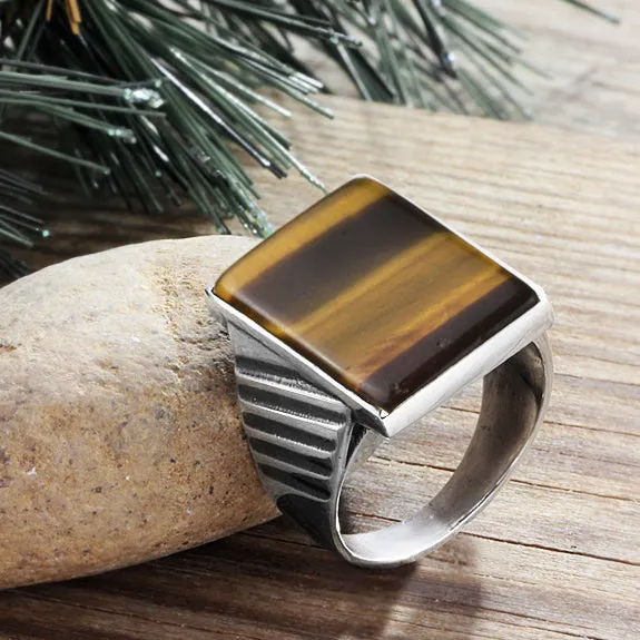 Men's Big Stone Signet Ring in Sterling Silver Vintage Jewelry