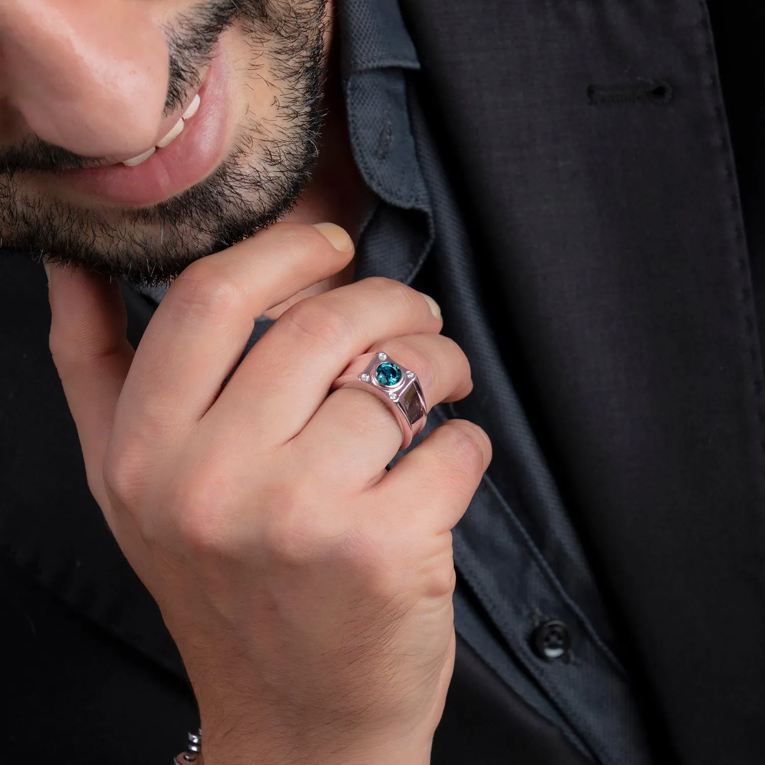 Men's Ring with Stone Rose Gold Plated Solid 925 Silver with 4 Real Diamonds Male Pinky Ring