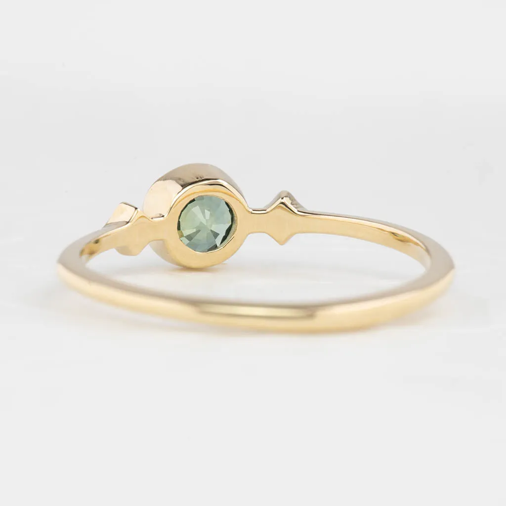 Moon & Star Ring 4.7mm 0.55ct Unheated Light Green Round Sapphire, 14k Yellow Gold