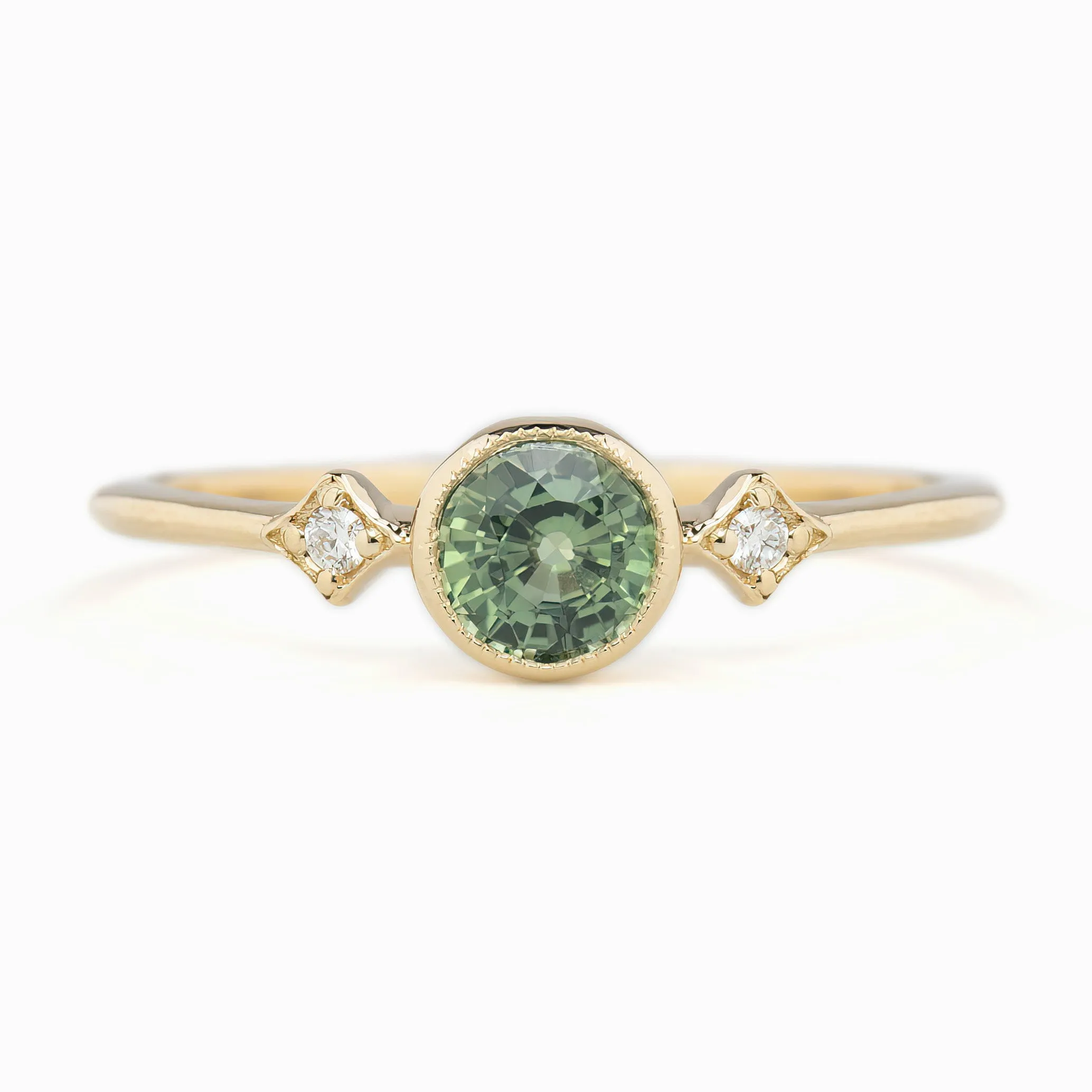 Moon & Star Ring 4.7mm 0.55ct Unheated Light Green Round Sapphire, 14k Yellow Gold