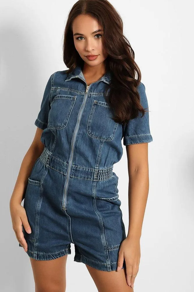 Navy Denim Elastic Waist Zip Up Playsuit